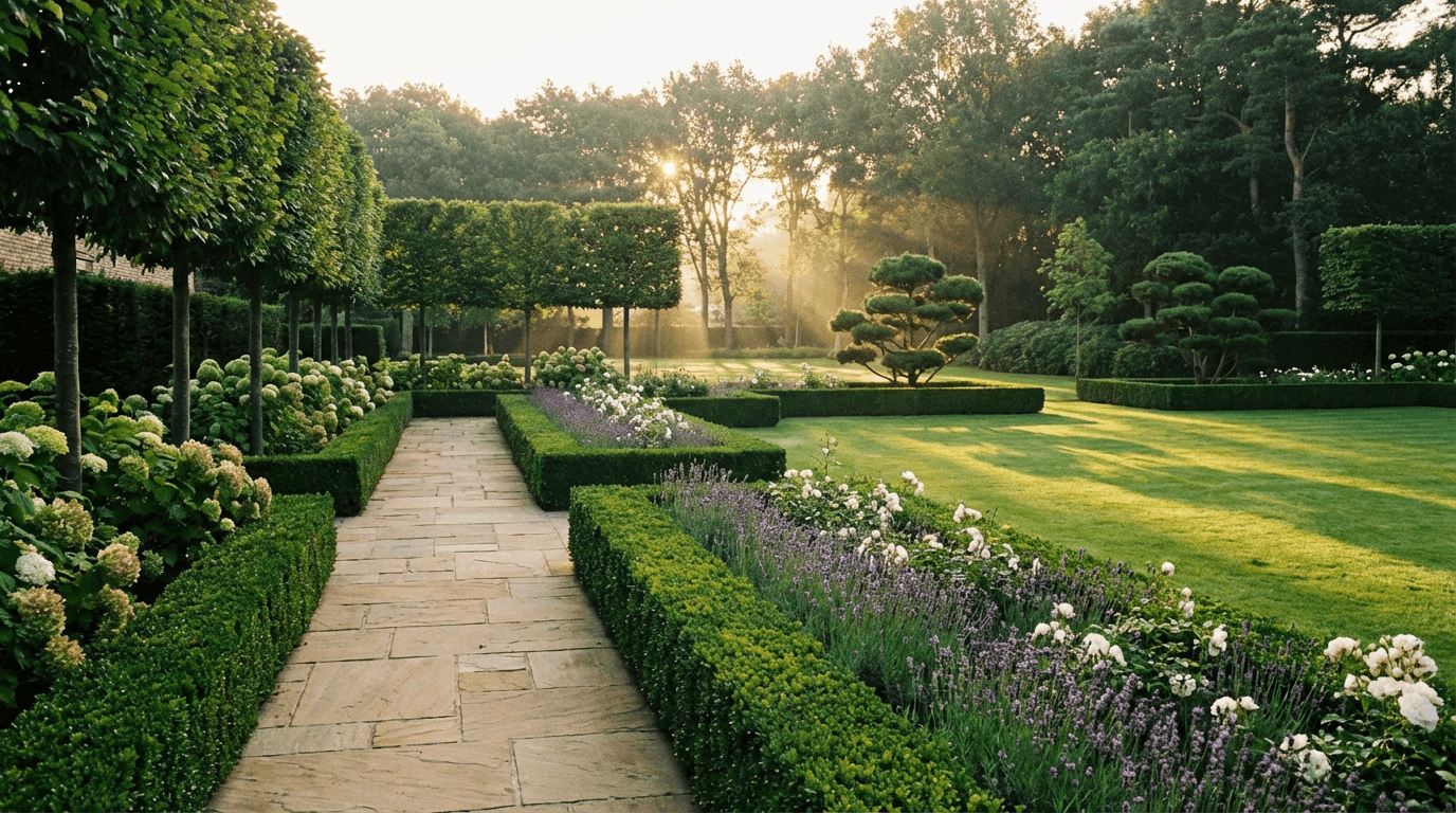 Manicured garden pathway at sunset with trimmed hedges, flowering borders, and golden afternoon light.