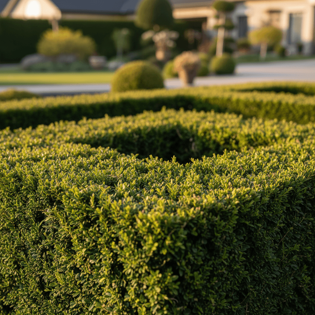 Close-up of professionally trimmed evergreen hedge showing precise pruning lines and geometric shapes