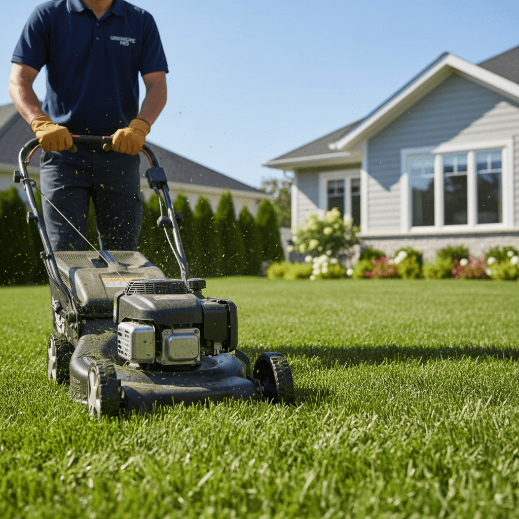 Landscaper operating push mower, cutting vibrant green grass in residential yard during bright daylight