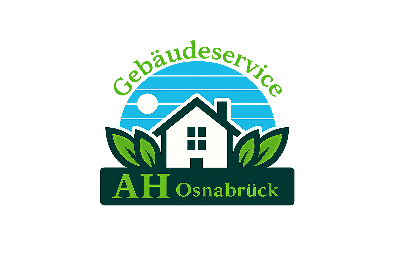 Logo für AH Osnabrück Gebäudeservice mit weißem Haus, grünen Blättern und blauem, sonnigem Himmel.
