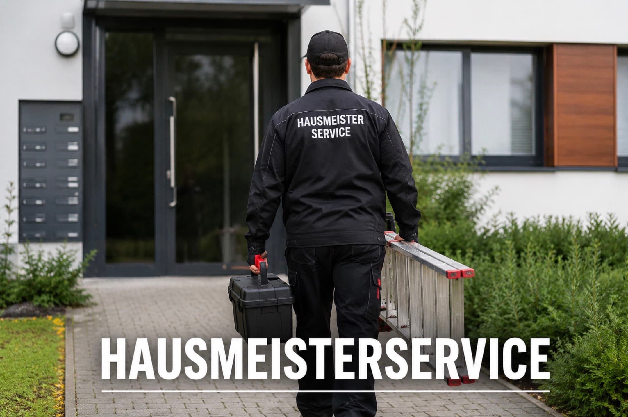 Hausmeister in schwarzer Kleidung trägt Werkzeugkoffer und Leiter auf dem Weg zu einem modernen Hauseingang.